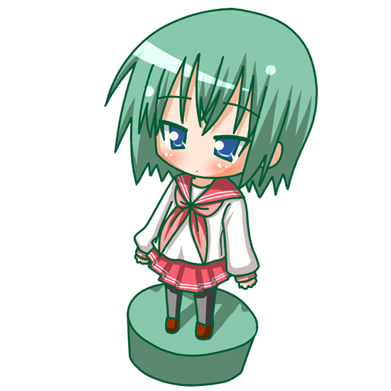 minami (colorful palette), iwasaki minami, lucky star, 00s, blue eyes, chibi, green hair, pantyhose, school uniform, serafuku, short hair, solo