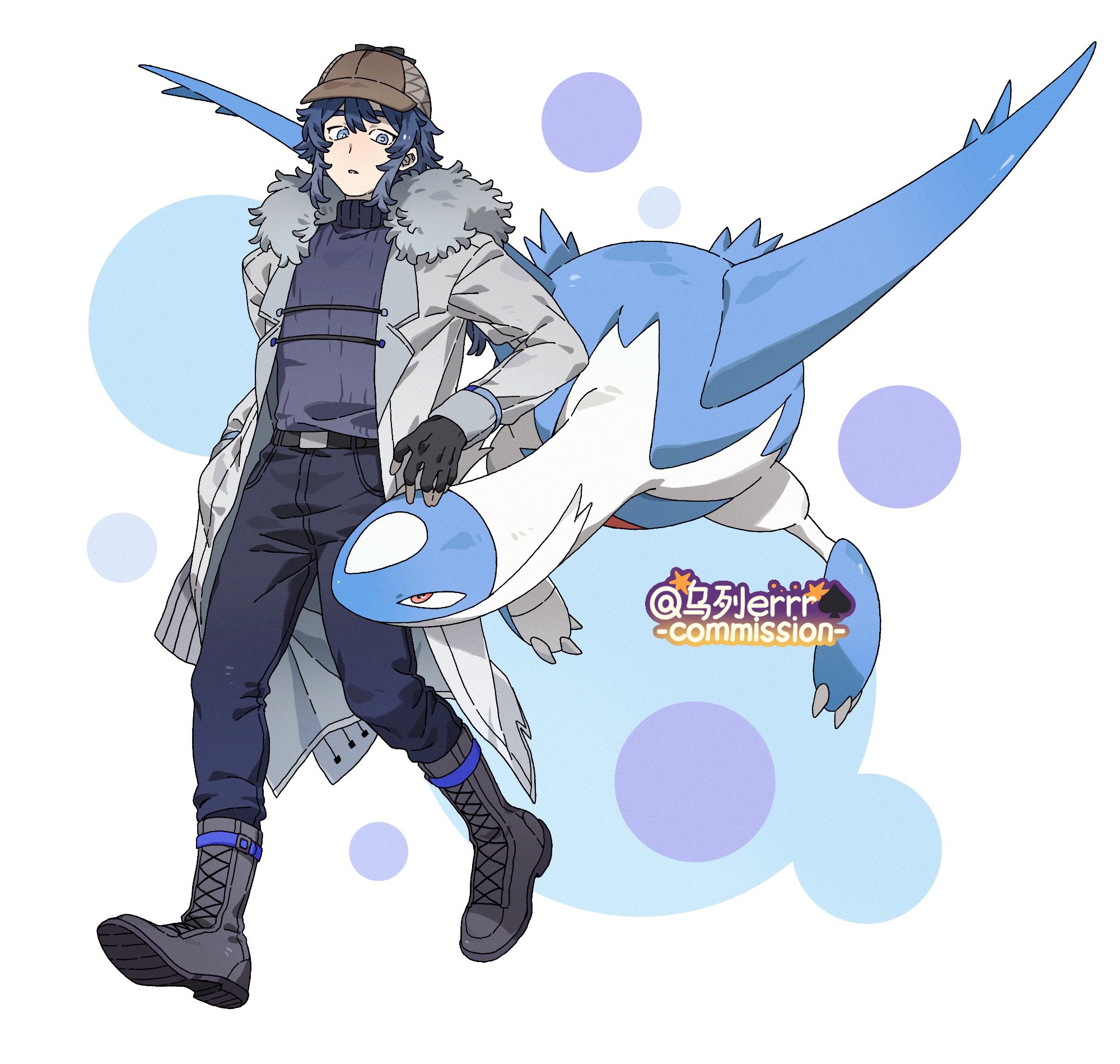 wulie errr, latios, nintendo, pokemon, highres, 1boy, black gloves, black pants, blue eyes, blue hair, blue sweater, boots, brown hat, claws, coat, dragon, fingerless gloves, flying, full body, fur trim, gen 3 pokemon, gloves, grey boots, grey coat, hat, legendary pokemon, looking at another, male focus, pants, pokemon (creature), red eyes, simple background, standing, sweater, white background