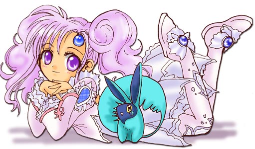 meredy (tales), quickie (tales), namco, tales of (series), tales of eternia, 00s, 1girl, creature, dark-skinned female, dark skin, dress, female focus, frills, official alternate costume, pantyhose, purple eyes, purple hair, smile, solo, twintails