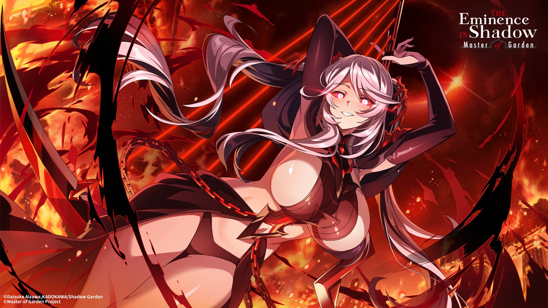 epsilon (kage no jitsuryokusha ni naritakute!), kage no jitsuryokusha ni naritakute!, artist request, commentary, english commentary, highres, official art, second-party source, 1girl, armpit crease, arms up, black panties, breasts, colored sclera, elbow gloves, fire, gloves, grey hair, harp, instrument, large breasts, looking at viewer, magic, panties, red sclera, sidelocks, smile, solo, underwear, watermark, white eyes