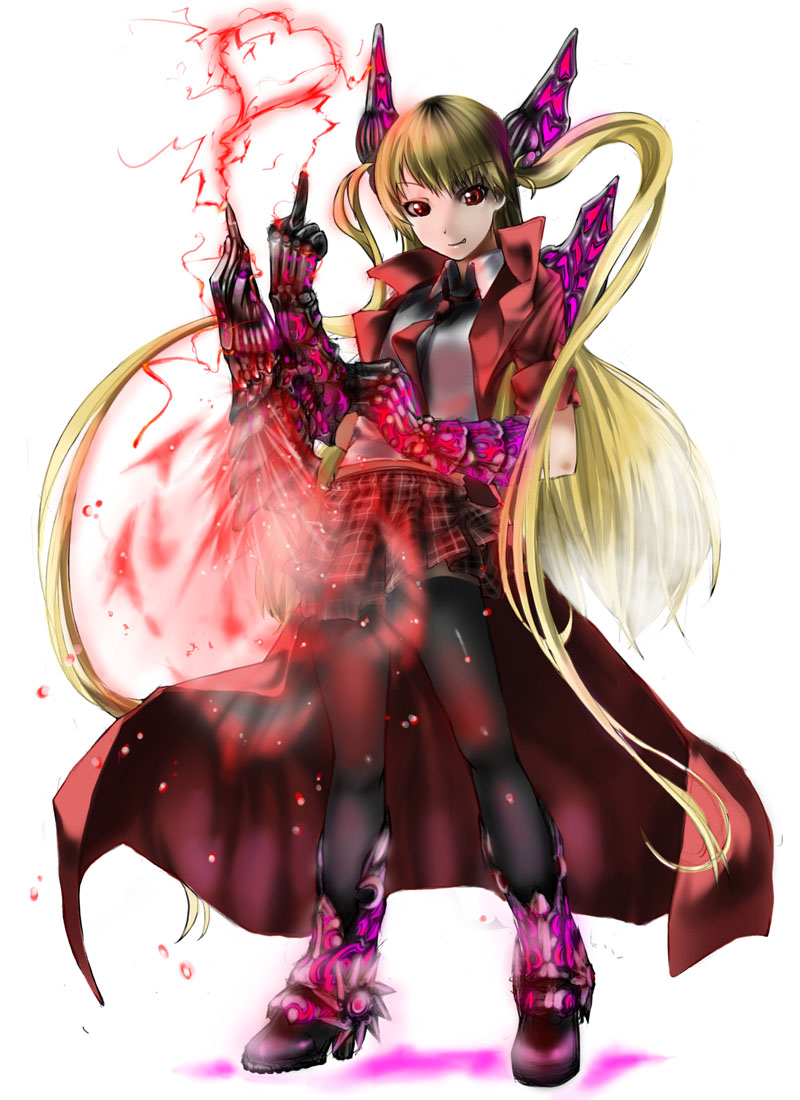 abubu, dante (devil may cry), capcom, devil may cry, devil may cry (series), devil may cry 4, plaid, 00s, 1girl, blonde hair, cape, fang, female focus, genderswap, genderswap (mtf), gloves, long hair, middle finger, red eyes, skirt, smile, solo, thighhighs, twintails