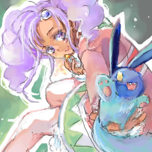 meredy (tales), quickie (tales), namco, tales of (series), tales of eternia, lowres, 00s, 1girl, creature, dark-skinned female, dark skin, female focus, oekaki, pantyhose, pet, purple eyes, purple hair, solo, twintails