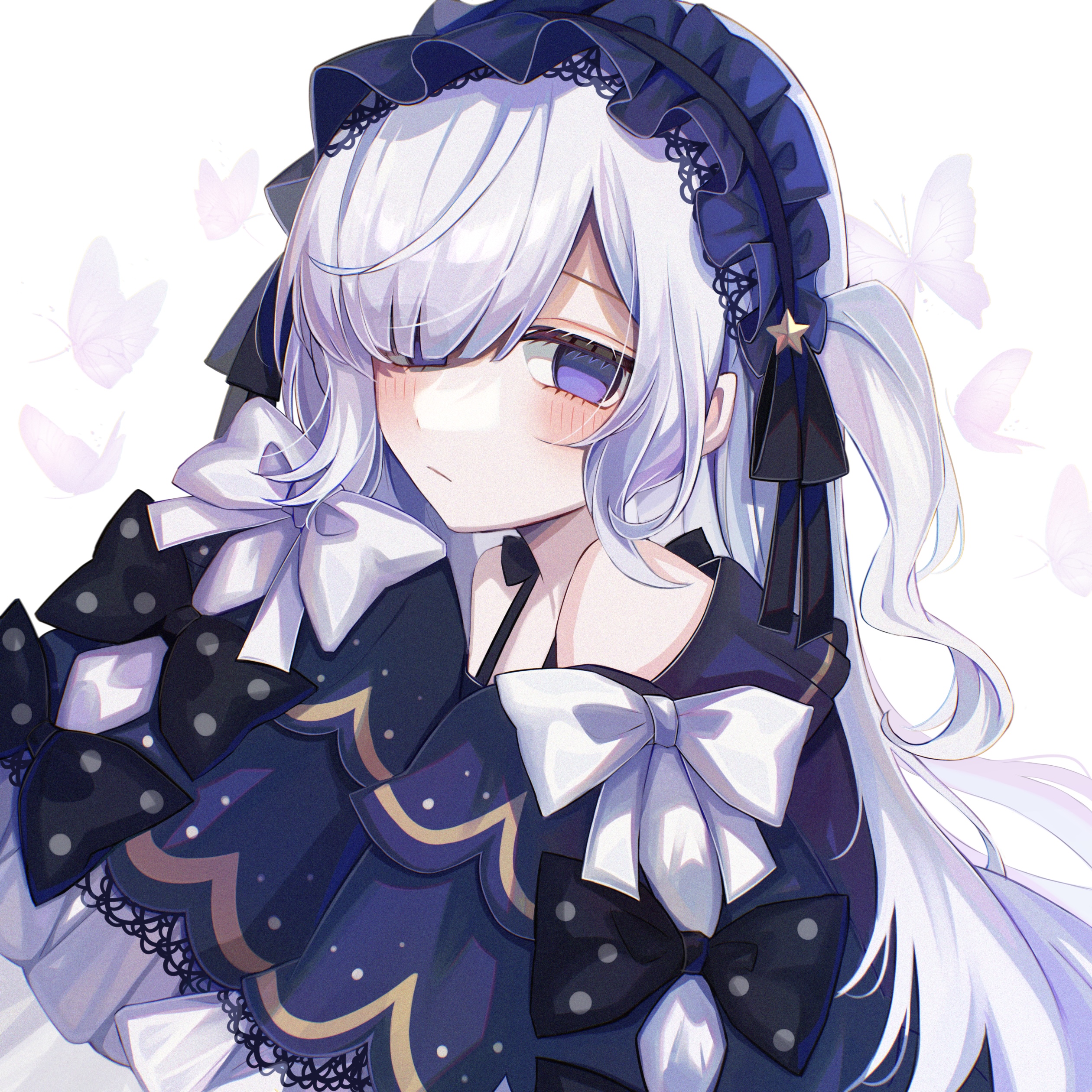 satoimo chika, natsume an-an, mahou shoujo no majo saiban, absurdres, commentary request, highres, 1girl, animal, bare shoulders, black bow, black hairband, blue dress, blush, bow, bug, butterfly, closed mouth, dress, empty eyes, frilled hairband, frilled sleeves, frills, grey hair, hair over one eye, hairband, insect, long sleeves, looking at viewer, off-shoulder dress, off shoulder, polka dot, polka dot bow, purple eyes, simple background, sleeves past fingers, sleeves past wrists, solo, upper body, white background, white bow