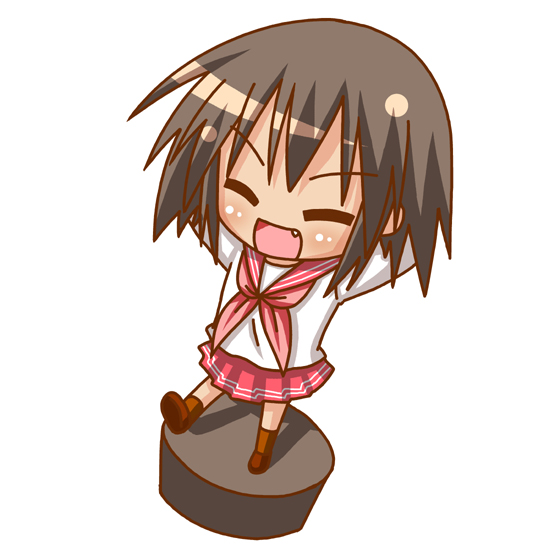 minami (colorful palette), kusakabe misao, lucky star, 00s, brown hair, chibi, fang, school uniform, serafuku, short hair, solo
