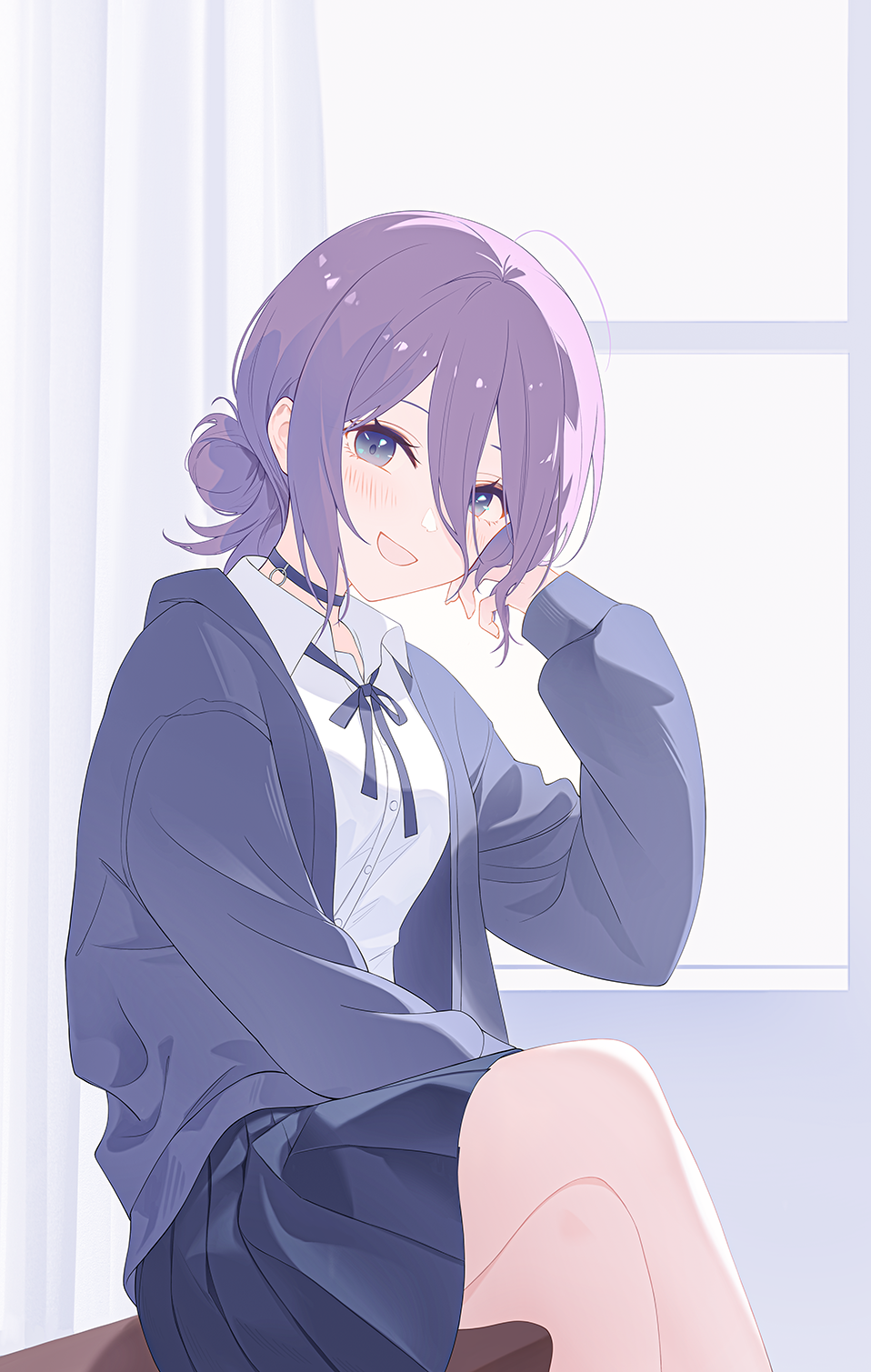 soyolan, reze (chainsaw man), chainsaw man, commentary, highres, 1girl, ahoge, alternate costume, bare legs, black choker, black jacket, black ribbon, black skirt, blush, choker, crossed legs, double-parted bangs, dress shirt, feet out of frame, green eyes, grenade pin, hair between eyes, hair bun, jacket, long hair between eyes, long sleeves, looking at viewer, neck ribbon, pleated skirt, purple hair, ribbon, shirt, single side bun, sitting, skirt, smile, solo, white shirt