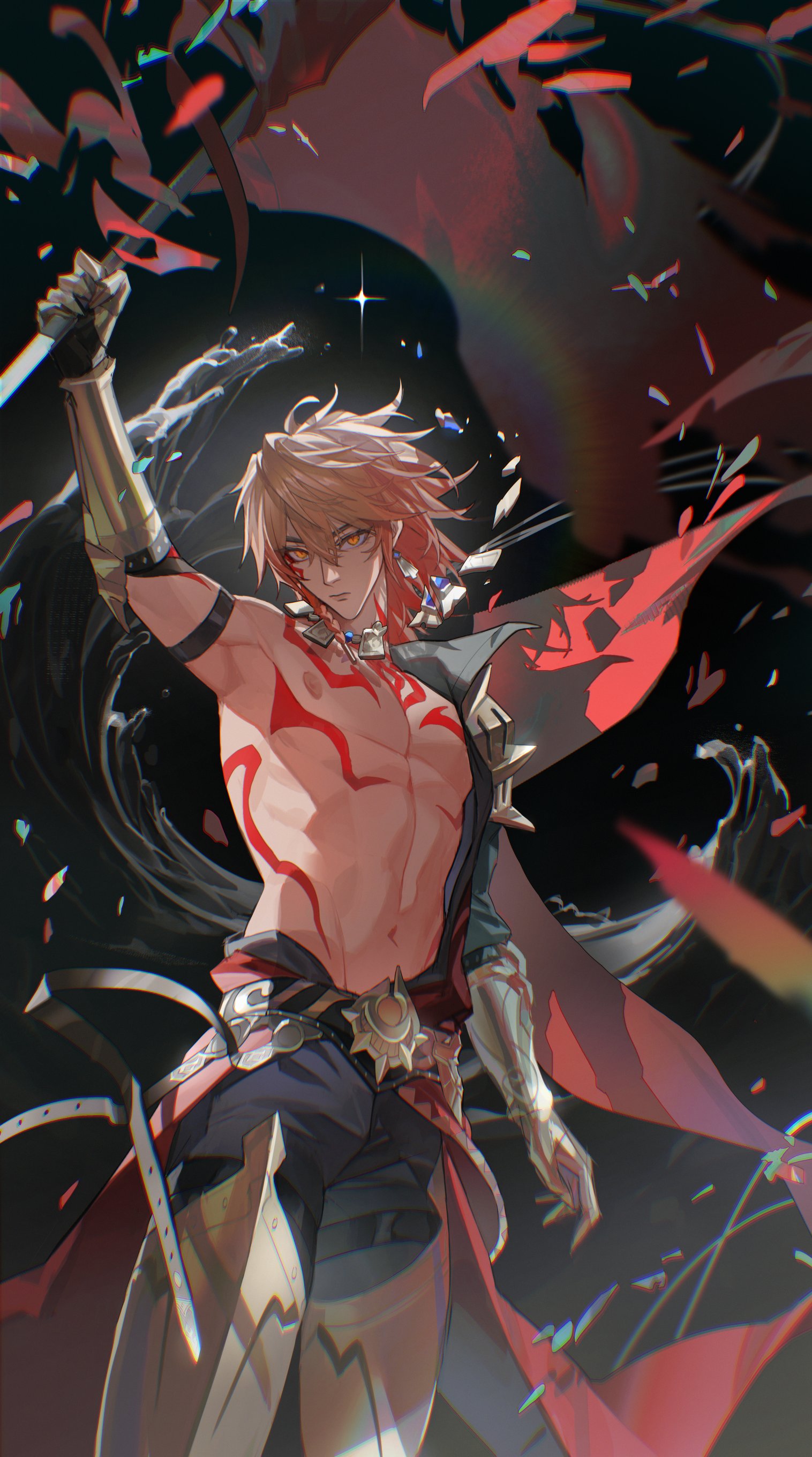 kiraandfriends, mydei (honkai: star rail), honkai: star rail, honkai (series), absurdres, hashtag-only commentary, highres, 1boy, arm tattoo, armband, armored boots, black armband, black coat, black pants, blonde hair, boots, braid, chest tattoo, clawed gauntlets, coat, earrings, facial tattoo, flag, gold earrings, gold necklace, gradient hair, holding, holding flag, jewelry, male focus, medium hair, multicolored hair, necklace, open clothes, open coat, pants, red hair, red tattoo, side braid, solo, tattoo, toned, toned male, yellow eyes