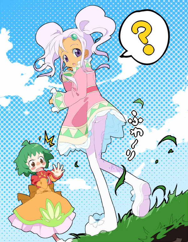 farah oersted, meredy (tales), namco, tales of (series), tales of eternia, 00s, 2girls, ?, blush, blush stickers, brown eyes, clothes lift, cloud, dark-skinned female, dark skin, dutch angle, grass, green hair, halftone, looking at viewer, looking back, multiple girls, outdoors, pantyhose, purple eyes, purple hair, short hair, skirt, skirt lift, sky, spoken question mark, twintails, upskirt, wind, wind lift