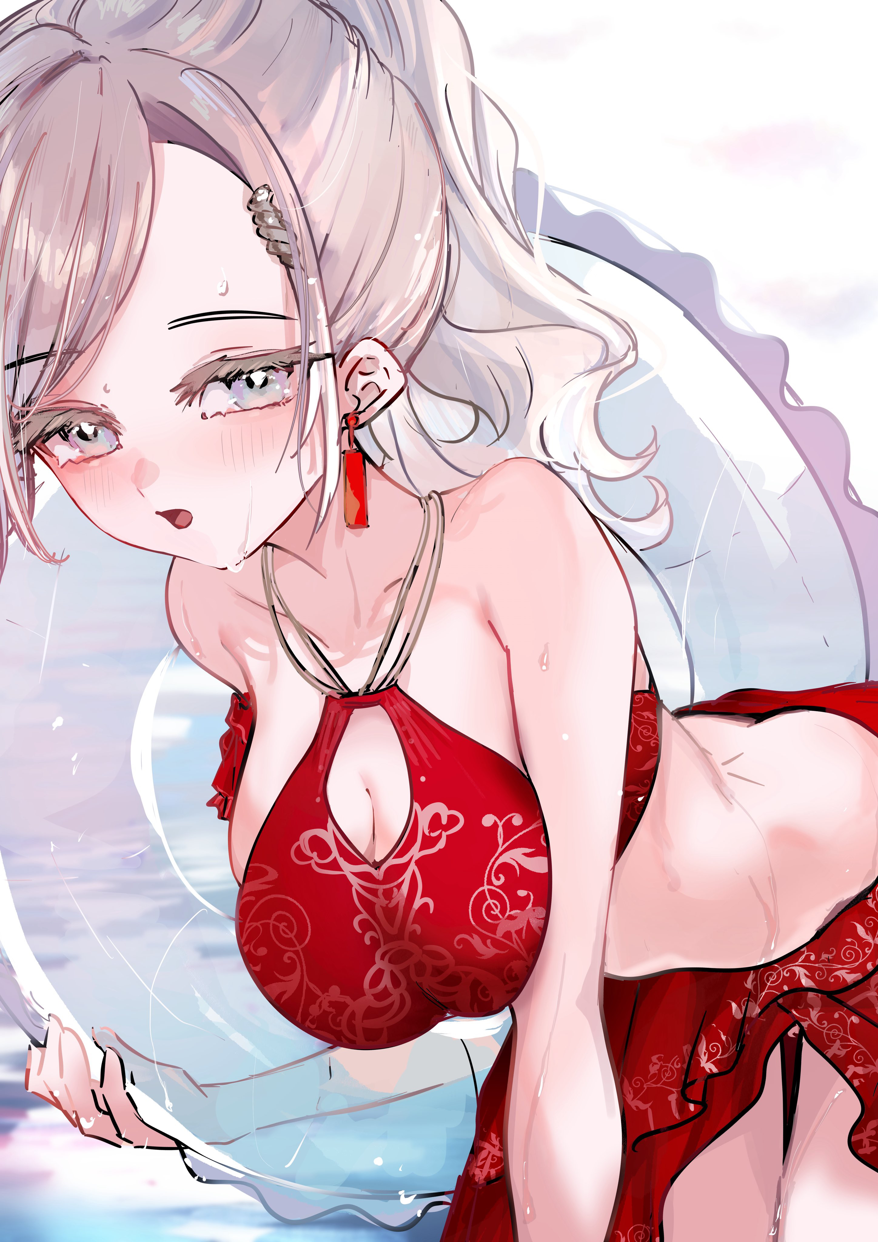 jin (oihlf), ceras yanagida lilienfeld, link! like! love live!, love live!, absurdres, commentary, duplicate, highres, 1girl, bare shoulders, bent over, bikini, breasts, cleavage, cleavage cutout, clothing cutout, collarbone, earrings, frilled innertube, fusion crust (love live!), grey eyes, grey hair, holding, holding swim ring, innertube, jewelry, large breasts, long hair, multi-strapped bikini top, official alternate costume, ponytail, red bikini, solo, swim ring, swimsuit, transparent innertube, virtual youtuber, wet