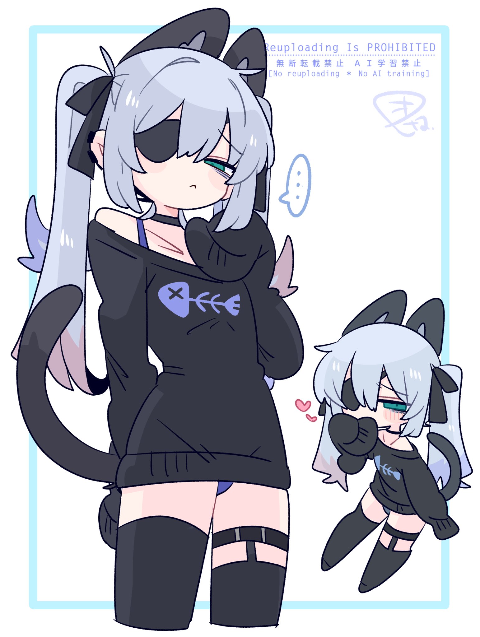 op na yarou, original, commentary, highres, …, 1boy, animal ear fluff, animal ears, bags under eyes, bare shoulders, black bow, black choker, black sweater, black thighhighs, blue eyes, blue hair, blue panties, blush, bow, bra strap, bulge, cat boy, cat ears, cat tail, chibi, choker, collarbone, colored tips, covering own mouth, cowboy shot, crossdressing, crossdressing (mtf), earclip, extra ears, eyepatch, fish skeleton, fish skeleton print, flipped hair, from below, frown, full body, grey tail, hair between eyes, hair bow, hair intakes, hand up, heart, long hair, long sleeves, looking at viewer, male focus, multicolored hair, multiple views, narrowed eyes, no nose, no pants, off shoulder, one eye covered, panties, panty peek, print sweater, quad tails, raised inner eyebrows, red hair, rigel (op na yarou), sidelocks, simple background, sleeves past fingers, sleeves past wrists, speech bubble, spoken ellipsis, standing, straight hair, sweater, tail, thigh strap, thighhighs, trap, underwear, watermark, white background, white hair