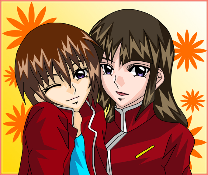 akira yasukazu, kira yamato, shiho hahnenfuss, gundam, gundam seed, bad id, bad pixiv id, 00s, brown hair, long hair, military, military uniform, one eye closed, purple eyes, wink