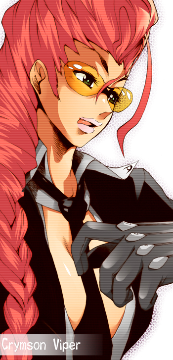 yukari (konekonekozou), crimson viper, capcom, street fighter, street fighter iv (series), 1girl, breasts, cleavage, female focus, gloves, large breasts, long hair, mature female, necktie, open clothes, open shirt, pompadour, red hair, shirt, solo, sunglasses