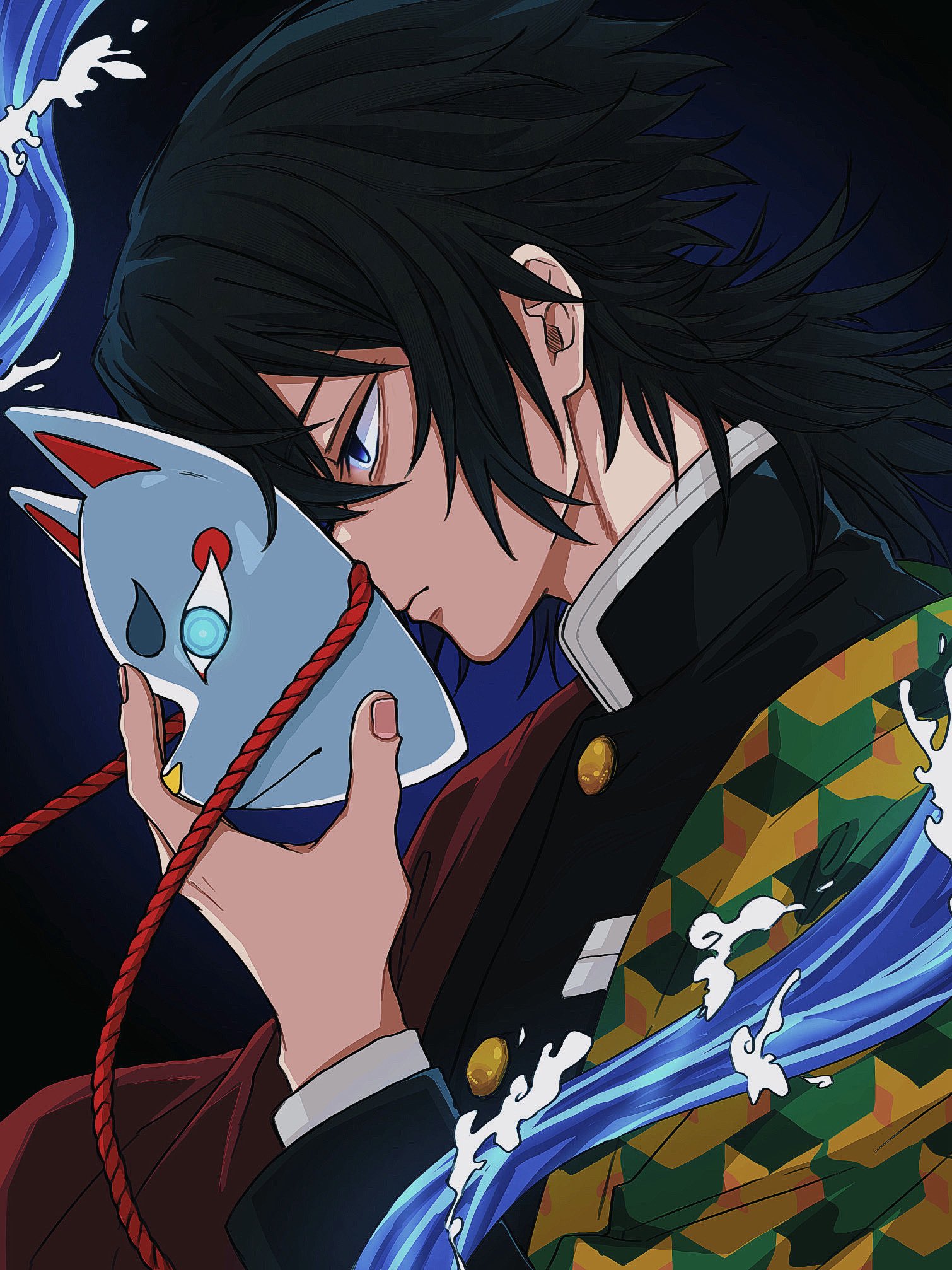tomioka giyuu, kimetsu no yaiba, highres, 1boy, black hair, black jacket, blue eyes, buttons, closed mouth, demon slayer uniform, fox mask, gold buttons, haori, high collar, holding, holding mask, jacket, japanese clothes, kikkoumon, low ponytail, male focus, mask, ponytail, print haori, profile, red haori, romisiro00, solo, spiked hair, upper body, water