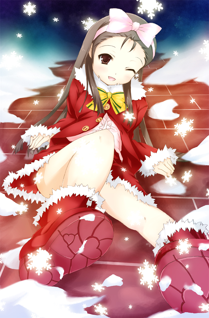 kurenai mint, minase iori, idolmaster, idolmaster (classic), idolmaster 1, 00s, 1girl, boots, brown hair, christmas, female focus, long hair, outdoors, ribbon, santa costume, snow, snowflakes, solo, wink