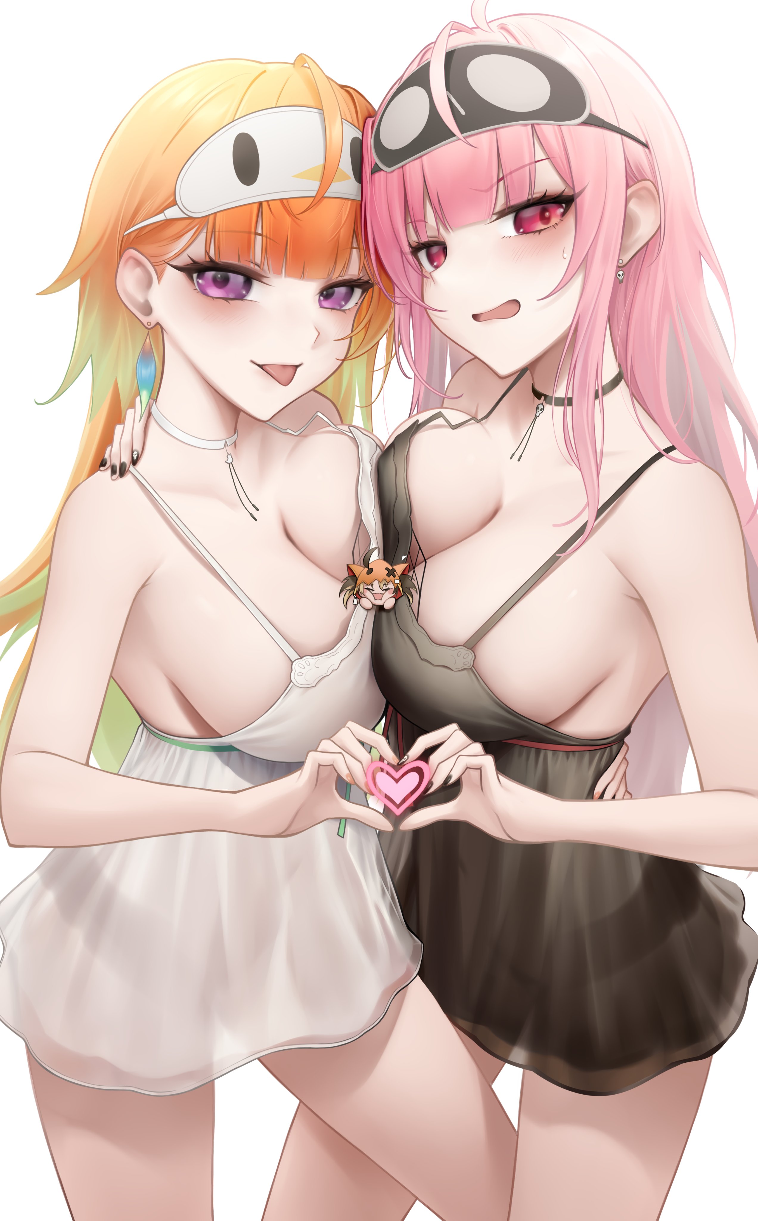 somebody (leiking00), mori calliope, mori calliope (sleepwear), takanashi kiara, hololive, hololive english, absurdres, commentary, english commentary, highres, 2girls, :p, black choker, black nails, black nightgown, blunt bangs, blush, breast press, breasts, choker, cleavage, colored inner hair, earrings, empire waist, feather earrings, feathers, gradient hair, green feathers, green hair, hand on another's shoulder, heart, heart hands, heart hands duo, jewelry, large breasts, long hair, looking at viewer, mask, mask on head, multicolored hair, multiple girls, nail polish, nightgown, official alternate costume, open mouth, orange hair, pendant choker, pink eyes, pink hair, purple eyes, sideboob, simple background, sleep mask, smile, symmetrical docking, tongue, tongue out, virtual youtuber, white background, white choker, white nightgown