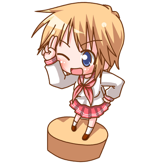 minami (colorful palette), patricia martin, lucky star, 00s, 1girl, blonde hair, blue eyes, chibi, faux figurine, female focus, school uniform, serafuku, short hair, simple background, solo, white background