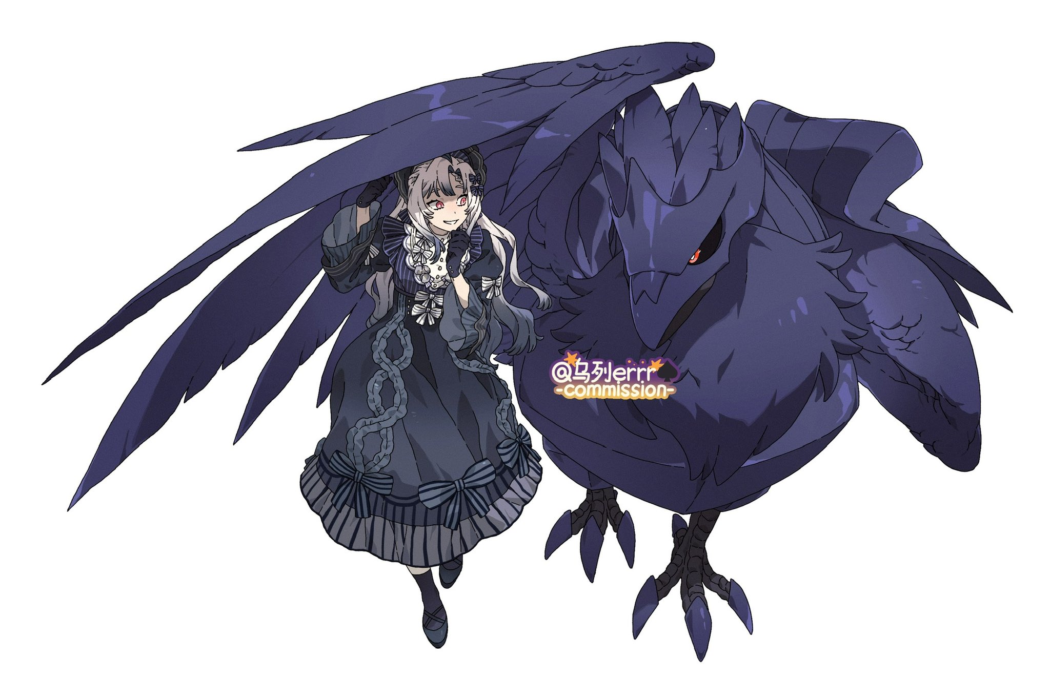 wulie errr, corviknight, nintendo, pokemon, highres, 1girl, beak, bird, black bonnet, black dress, black gloves, black hair, black sclera, black shoes, black socks, blonde hair, blue bow, bonnet, bow, colored sclera, dress, feathers, full body, gen 8 pokemon, gloves, gradient hair, grin, hair bow, long hair, long sleeves, looking at another, multicolored hair, pink eyes, pokemon (creature), purple feathers, red eyes, shoes, simple background, smile, socks, standing, talons, white background, white bow