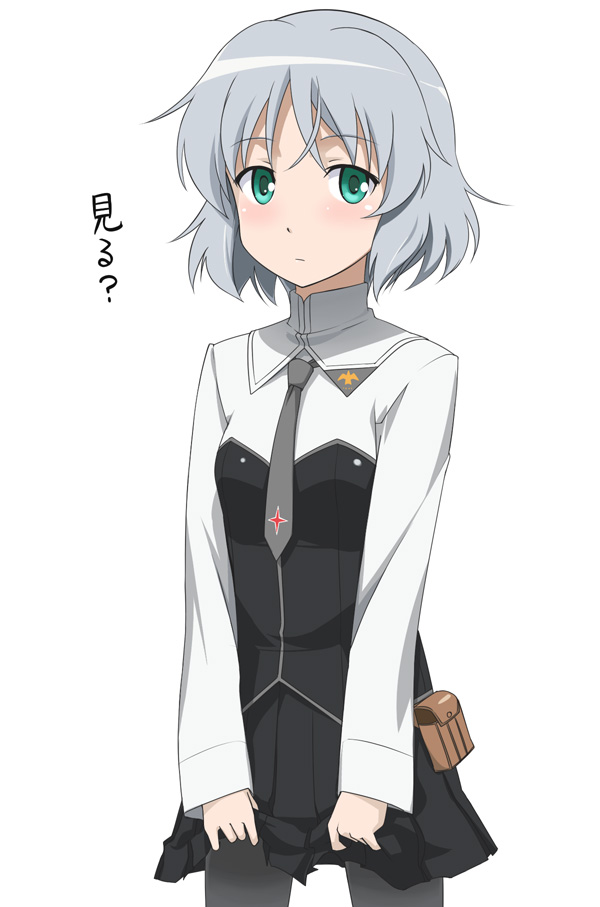 youkan, sanya v. litvyak, strike witches, world witches series, 00s, 1girl, black pantyhose, clothes lift, female focus, green eyes, grey hair, necktie, pantyhose, short hair, skirt, skirt lift, solo