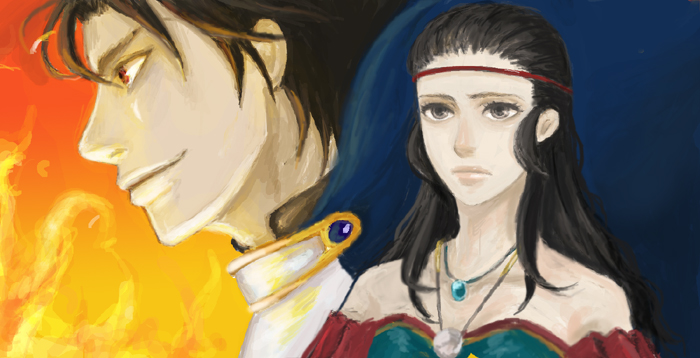 saka miya, jillia blight, luca blight, gensou suikoden, gensou suikoden ii, black hair, grey eyes, jewelry, long hair, necklace, red eyes