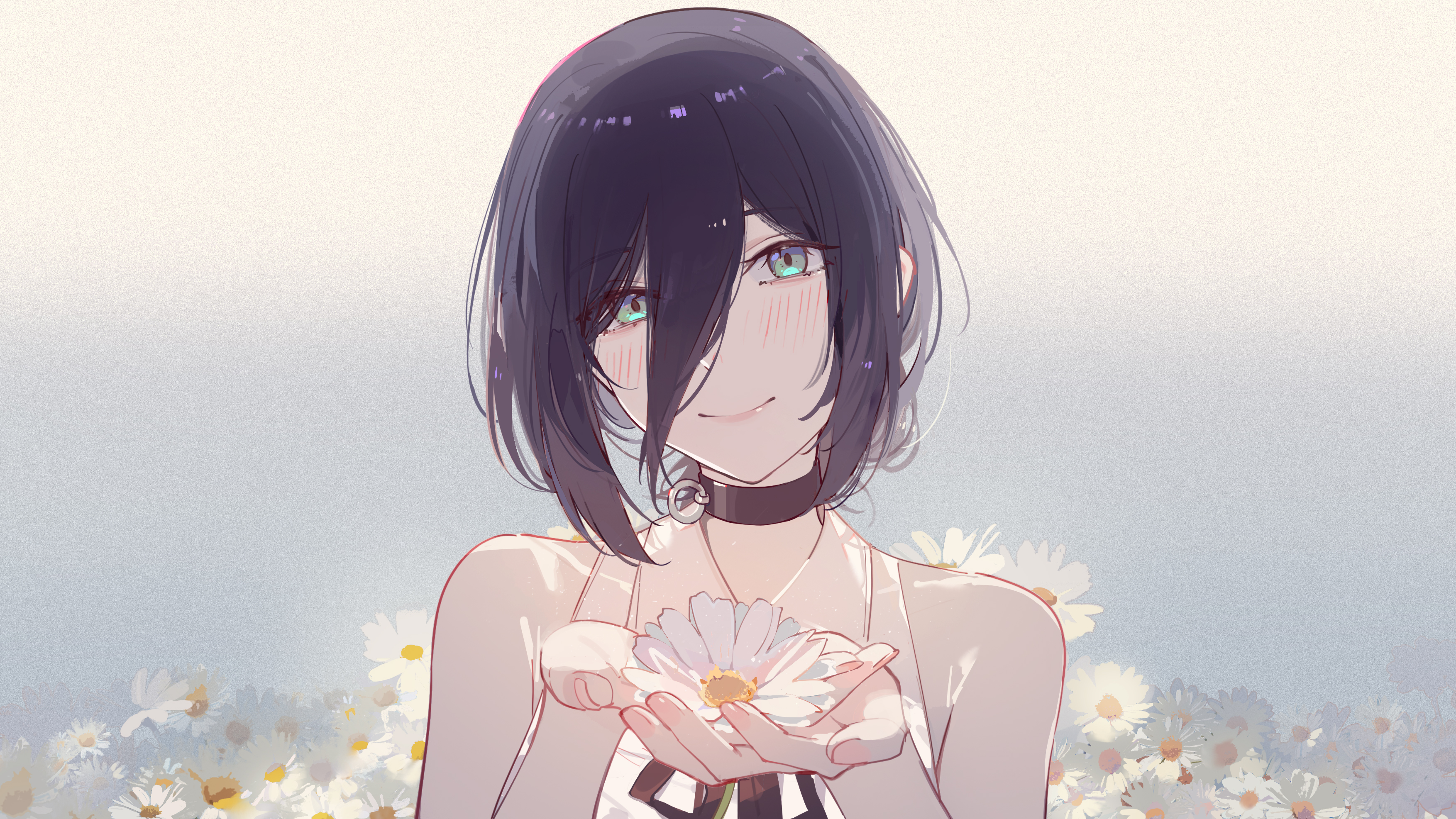bilibalakonglijiwa, reze (chainsaw man), chainsaw man, absurdres, commentary, highres, mixed-language commentary, 1girl, black choker, black hair, black ribbon, blush, choker, collared shirt, daisy (flower), fingernails, floral background, flower, green eyes, grenade pin, hair between eyes, head tilt, long hair between eyes, looking at viewer, neck ribbon, own hands together, ribbon, shirt, sleeveless, sleeveless shirt, smile, solo, upper body, white flower, white shirt