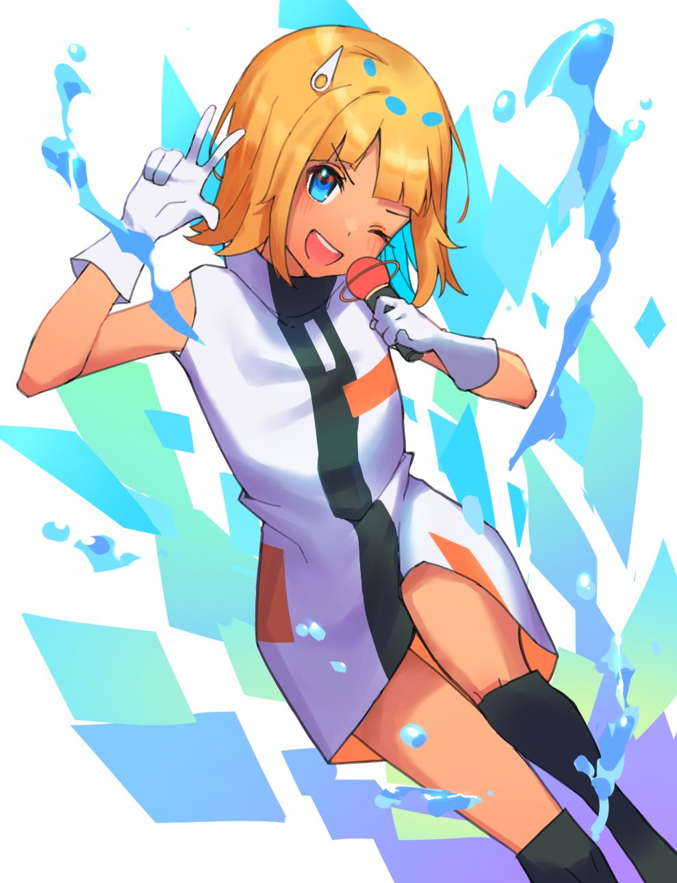 kyoutu, nira-chan, zutto mayonaka de ii no ni, highres, 1girl, black boots, blonde hair, blue hair, blunt bangs, boots, colored inner hair, dress, hair ornament, haze haseru haterumade (zutomayo), holding, holding microphone, microphone, multicolored hair, nira-chan (haze haseru haterumade) (zutomayo), one eye closed, short hair, sleeveless, sleeveless dress, w, white dress