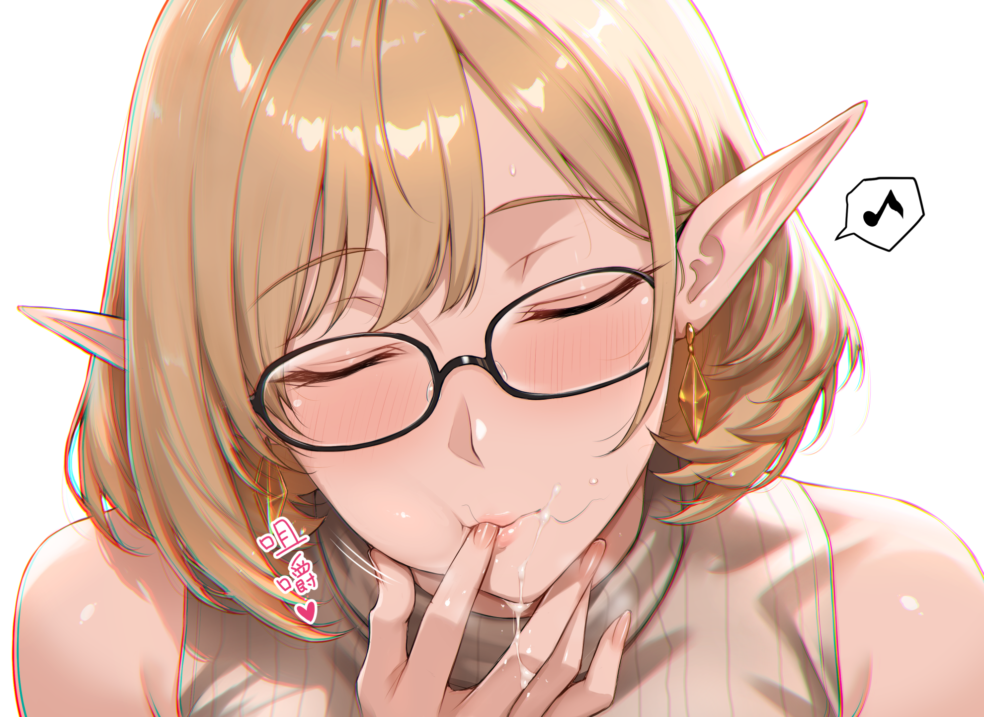 yui.h, original, commentary request, highres, 1girl, after fellatio, bare shoulders, blonde hair, blue eyes, blush, closed eyes, closed mouth, cum, cum in mouth, cum on body, cum string, earrings, facial, fingernails, glasses, heart, jewelry, long fingernails, musical note, pointy ears, portrait, simple background, solo, spoken musical note, stray pubic hair, white background