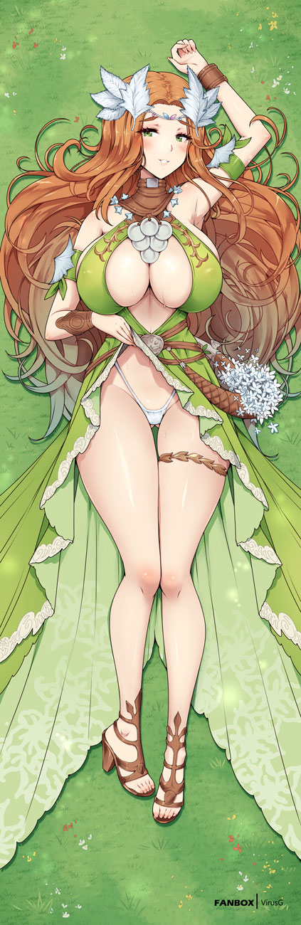 virus-g, nophica, final fantasy, final fantasy xiv, highres, 1girl, blush, breasts, clothes lift, dakimakura (medium), dress, dress lift, full body, green dress, green eyes, high heels, large breasts, laurels, lifting own clothes, long hair, looking at viewer, lying, midriff, navel, on back, on grass, open mouth, orange hair, panties, pantyshot, smile, solo, toes, underwear, white panties