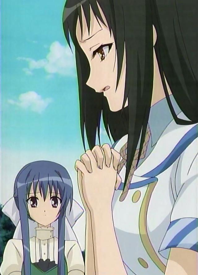 nanto yaya, suzumi tamao, strawberry panic!, screencap, 00s, 2girls, black hair, blue hair, female focus, multiple girls, outdoors, own hands clasped, short sleeves