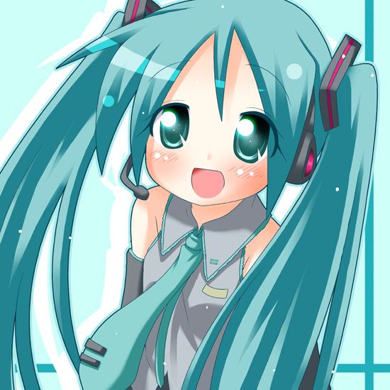 minami (colorful palette), hatsune miku, vocaloid, aqua eyes, aqua hair, detached sleeves, long hair, microphone, necktie, twintails