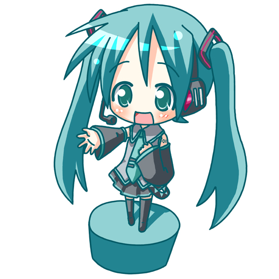 minami (colorful palette), chibi miku, hatsune miku, vocaloid, aqua eyes, aqua hair, chibi, detached sleeves, long hair, microphone, music, necktie, singing, solo, twintails