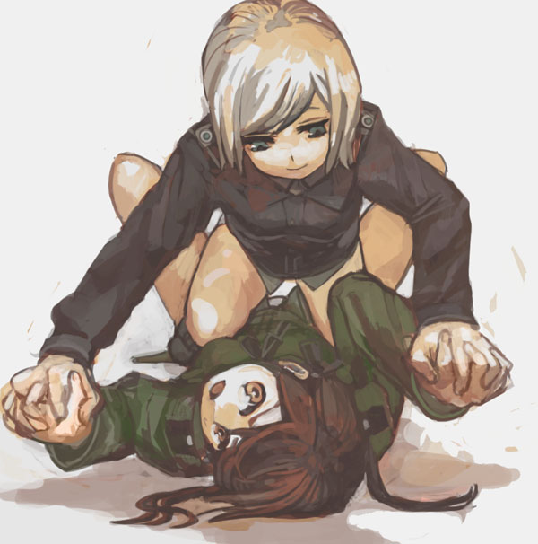 chiizu sakiika, erica hartmann, gertrud barkhorn, strike witches, world witches series, bad id, bad pixiv id, 00s, 2girls, blonde hair, blue eyes, brown eyes, brown hair, holding hands, long hair, lying, military, military uniform, multiple girls, short hair, yuri