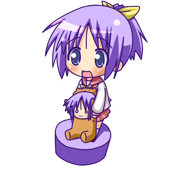 minami (colorful palette), bear tsukasa, capybara-san, hiiragi tsukasa, lucky star, 00s, 2girls, :3, arms up, blue eyes, chibi, hair ribbon, multiple girls, o o, open mouth, purple hair, ribbon, school uniform, serafuku, short hair, simple background, sitting