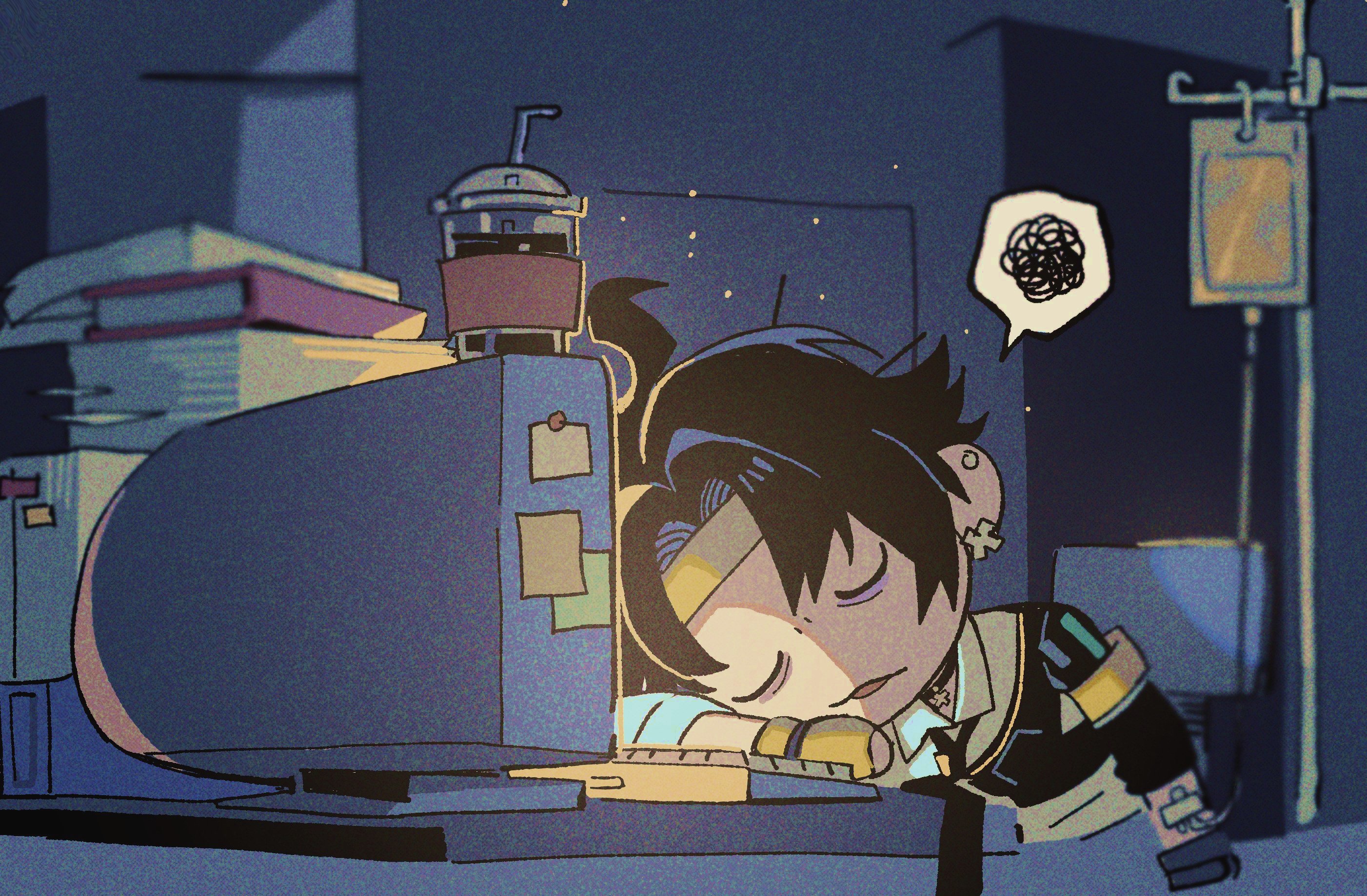 pd honey, asaba harumasa, zenless zone zero, highres, 1boy, armband, asymmetrical gloves, black gloves, black hair, black necktie, book, chair, closed eyes, computer, computer keyboard, drink, drinking straw, ear piercing, earrings, gloves, headband, indoors, intravenous drip, jewelry, mismatched gloves, monitor, necktie, notes, open mouth, papers, piercing, shirt, short hair, sleeping, sleeping on desk, sleeves rolled up, solo, speech bubble, syringe, thought bubble, white shirt, yellow armband, yellow gloves, yellow headband