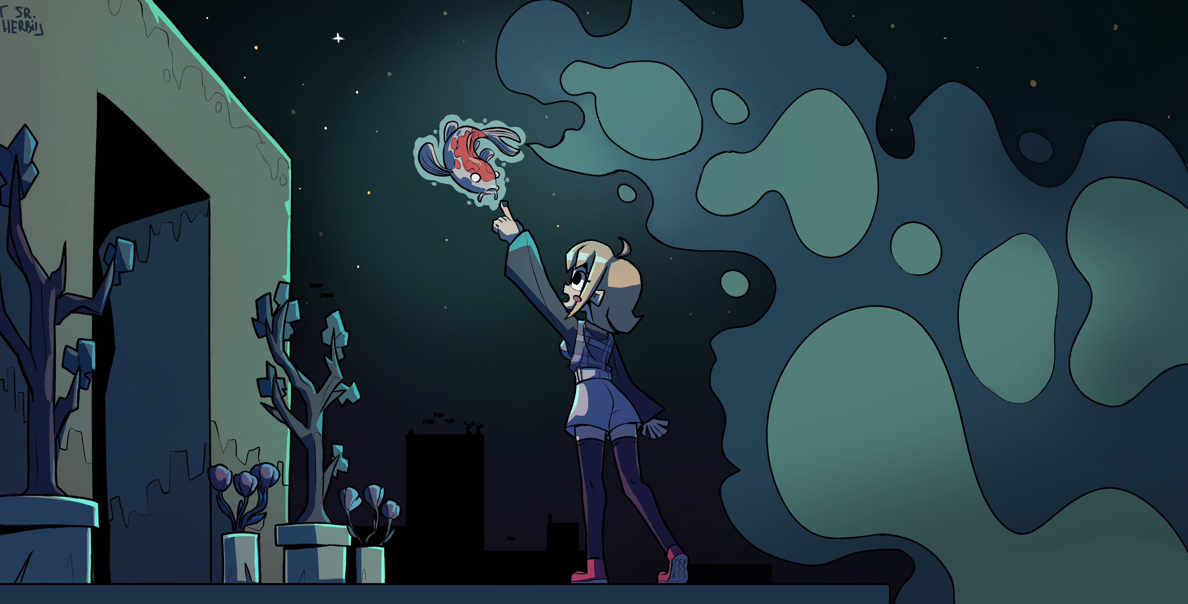 urotsuki, yume 2kki, absurdres, commentary, english commentary, highres, 1girl, ahoge, arm up, artist name, black eyes, black sweater, black thighhighs, blonde hair, blush stickers, fish, grey shorts, grey sweater vest, long sleeves, looking up, night, night sky, open mouth, outdoors, plaid clothes, plaid sweater vest, plaid vest, plant, potted plant, red shoes, rooftop, shoes, short hair, short shorts, shorts, sidelocks, sky, solo, srherbii, surprised, sweater, sweater vest, thighhighs, vest, zettai ryouiki