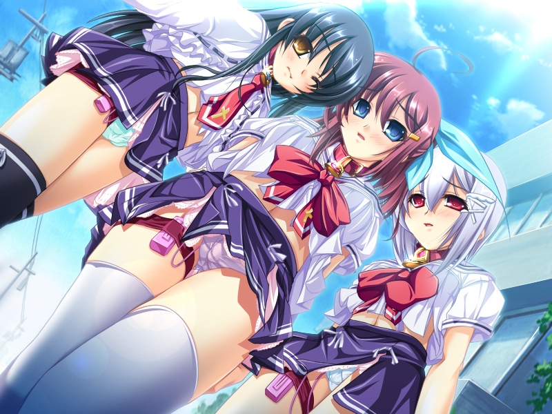 yatsuha kanan, kuu spitfire, murakumo sakura, shishiouin-hime, shishiouin hime, goshujin-sama daisuki, goshujinsama daisuki, game cg, score, 3girls, ahoge, aqua panties, black hair, black thighhighs, blue eyes, blue hair, blush, bow, brown hair, clothes lift, collar, day, discreet vibrator, dutch angle, everyone, from below, goshujinsama da~isuki, hair ornament, hairclip, lock, long hair, midriff, multiple girls, necktie, outdoors, padlock, padlocked collar, panties, pink eyes, public indecency, public vibrator, purple hair, purple panties, red eyes, school uniform, sex toy, short hair, skirt, skirt lift, sky, slave, thigh strap, thighhighs, underwear, upskirt, vibrator, white hair, white panties, white thighhighs, wince, yellow eyes