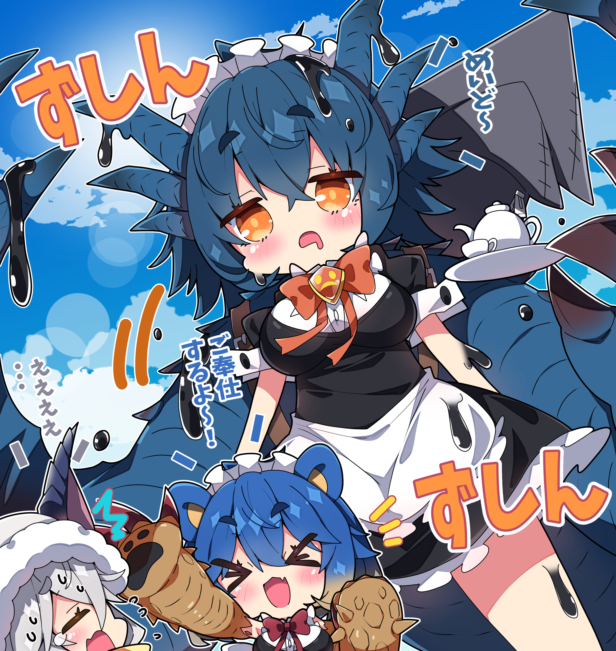 milkpanda, arzuros, gogmazios, monster hunter (series), absurdres, character request, commentary request, highres, translation request, > <, 3girls, :d, ^^^, apron, black dress, blue hair, blue sky, bow, breasts, chibi, closed eyes, cloud, cup, day, dress, drooling, fang, frilled apron, frilled dress, frills, fur-trimmed hood, fur trim, giant, giantess, grey hair, hair between eyes, holding, holding tray, hood, hood up, large breasts, maid headdress, motion lines, mouth drool, multiple girls, open mouth, orange bow, orange eyes, outdoors, personification, puffy short sleeves, puffy sleeves, red bow, short eyebrows, short sleeves, sky, smile, standing, teacup, teapot, thick eyebrows, tray, v-shaped eyebrows, white apron, xd
