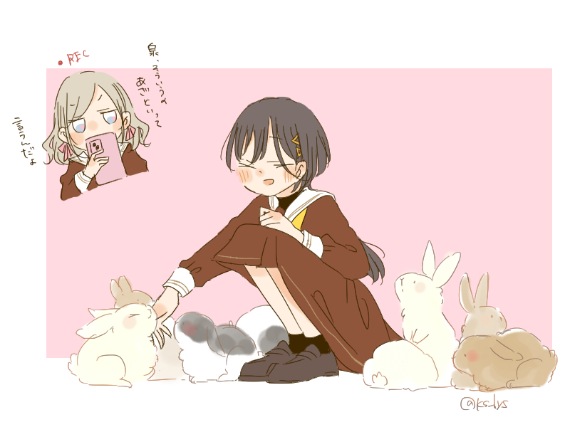 kase (ks lys), ceras yanagida lilienfeld, katsuragi izumi, link! like! love live!, love live!, commentary, 2girls, :d, animal, black hair, black shoes, black socks, blue eyes, brown dress, cellphone, closed eyes, dress, grey hair, hair ornament, hair ribbon, hasu no sora school uniform, holding, holding phone, iphone, jellyfish cut, jitome, loafers, long hair, medium dress, multiple girls, neckerchief, open mouth, phone, pink background, pink ribbon, pleated dress, rabbit, recording, ribbon, sailor collar, sailor dress, school uniform, shoes, simple background, smartphone, smile, socks, squatting, surrounded, too many, too many rabbits, triangle hair ornament, twitter username, v-shaped eyebrows, virtual youtuber, white sailor collar, winter uniform, yellow neckerchief