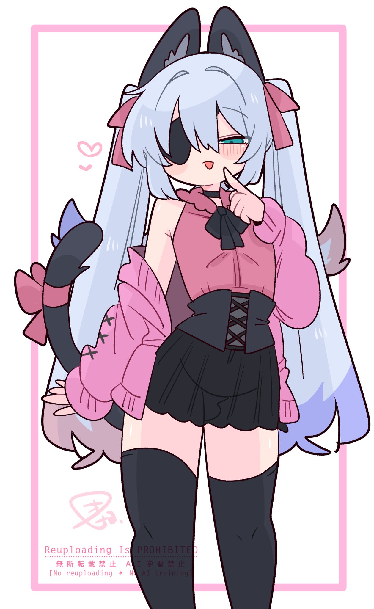 op na yarou, original, commentary, highres, 1boy, :3, animal ear fluff, animal ears, bare shoulders, black choker, black corset, black ribbon, black skirt, black thighhighs, blue eyes, blue hair, blush, bow, bulge, cardigan, cat boy, cat ears, cat tail, choker, collar, colored tips, corset, crossdressing, crossdressing (mtf), eyepatch, feet out of frame, finger to mouth, flipped hair, frilled collar, frills, grey tail, hair between eyes, hair bow, hair intakes, hand up, heart, long hair, long sleeves, looking at viewer, male focus, miniskirt, multicolored hair, narrowed eyes, neck ribbon, no nose, off shoulder, one eye covered, open cardigan, open clothes, panties, parted lips, pink bow, pink cardigan, pink shirt, quad tails, raised eyebrows, red hair, ribbon, rigel (op na yarou), see-through clothes, see-through skirt, shirt, sidelocks, simple background, skirt, sleeveless, sleeveless shirt, sleeves past wrists, solo, standing, straight hair, tail, tail bow, tail ornament, thighhighs, thighs, trap, underwear, very long hair, watermark, white background, white hair