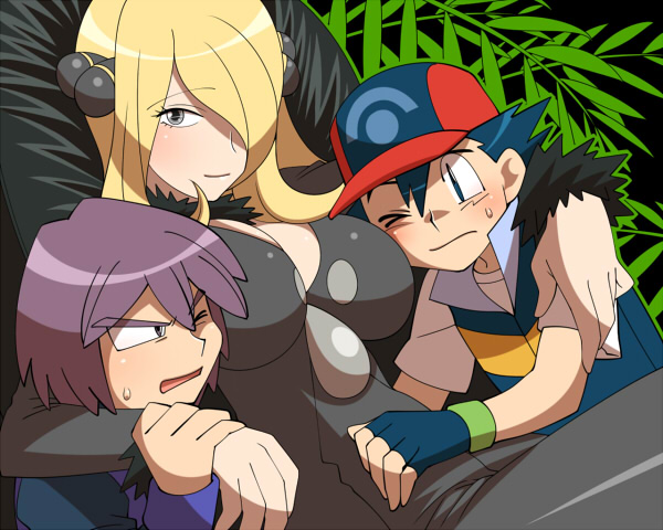 amada, ash ketchum, cynthia (pokemon), paul (pokemon), nintendo, pokemon, pokemon (anime), pokemon dppt, pokemon dppt (anime), 00s, 1girl, 2boys, blonde hair, blush, breasts, child, cleavage, grey eyes, hair over one eye, hat, hug, large breasts, long hair, looking at viewer, multiple boys, sweatdrop