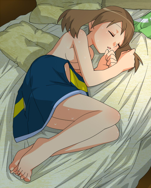 amada, may (pokemon), may (pokemon emerald), nintendo, pokemon, pokemon emerald, pokemon rse, bad id, bad pixiv id, 00s, 1girl, barefoot, bed, blush, breasts, brown hair, closed eyes, feet, female focus, no headwear, skirt, sleeping, small breasts, solo, sweat, topless female, vest