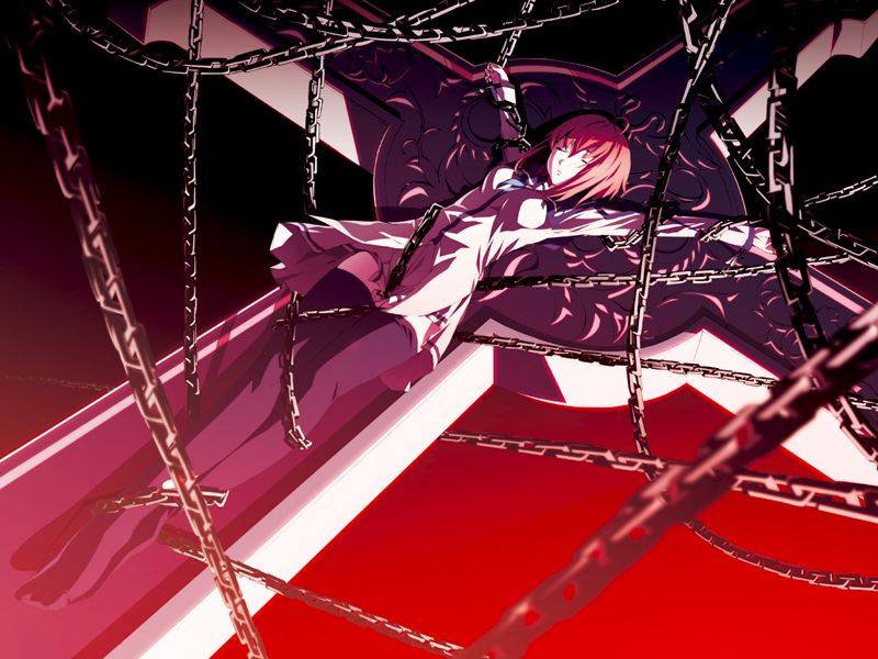 g yuusuke, dies irae, shinza bansho series, game cg, 10s, 1girl, bdsm, bondage, bound, chain, cross, crotch rope, crucifixion, dress, female focus, red hair, short hair, solo, thighhighs