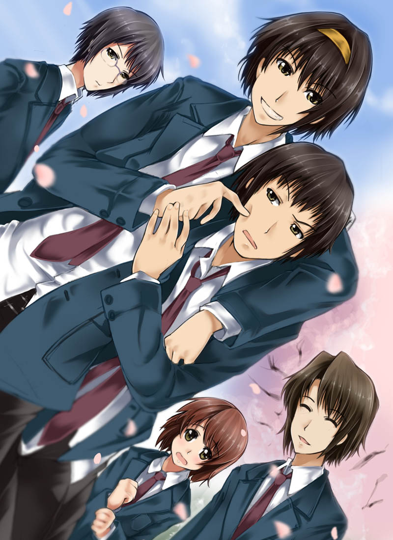 abubu, asahina mitsuru, koizumi itsuki, kyon, nagato yuuki, suzumiya haruhiko, suzumiya haruhi no yuuutsu, suzumiya haruhiko no yuuutsu, 00s, 5boys, cherry blossoms, genderswap, genderswap (ftm), male focus, multiple boys, school uniform