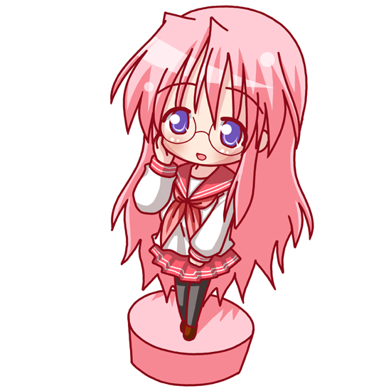 minami (colorful palette), takara miyuki, lucky star, 00s, chibi, glasses, long hair, pantyhose, pink hair, purple eyes, school uniform, serafuku, solo