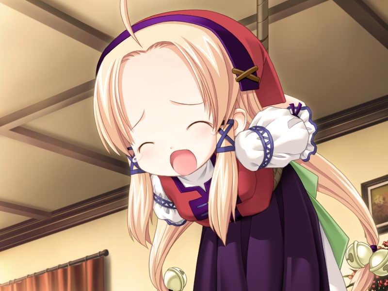 kiira, ainsworth no mamono-tachi, game cg, 1girl, bdsm, bell, blonde hair, blush, bondage, bound, closed eyes, dress, female focus, hair bell, hair ornament, jingle bell, long hair, open mouth, solo, suspension, tears