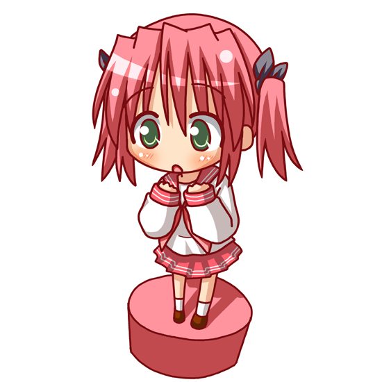 minami (colorful palette), kobayakawa yutaka, lucky star, 00s, chibi, green eyes, hair ribbon, red hair, ribbon, school uniform, serafuku, solo