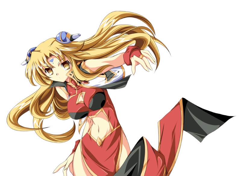 ka2, ranpha franboise, galaxy angel, non-web source, 00s, 1girl, blonde hair, china dress, chinese clothes, dress, female focus, long hair, military, military uniform, simple background, solo, white background, yellow eyes