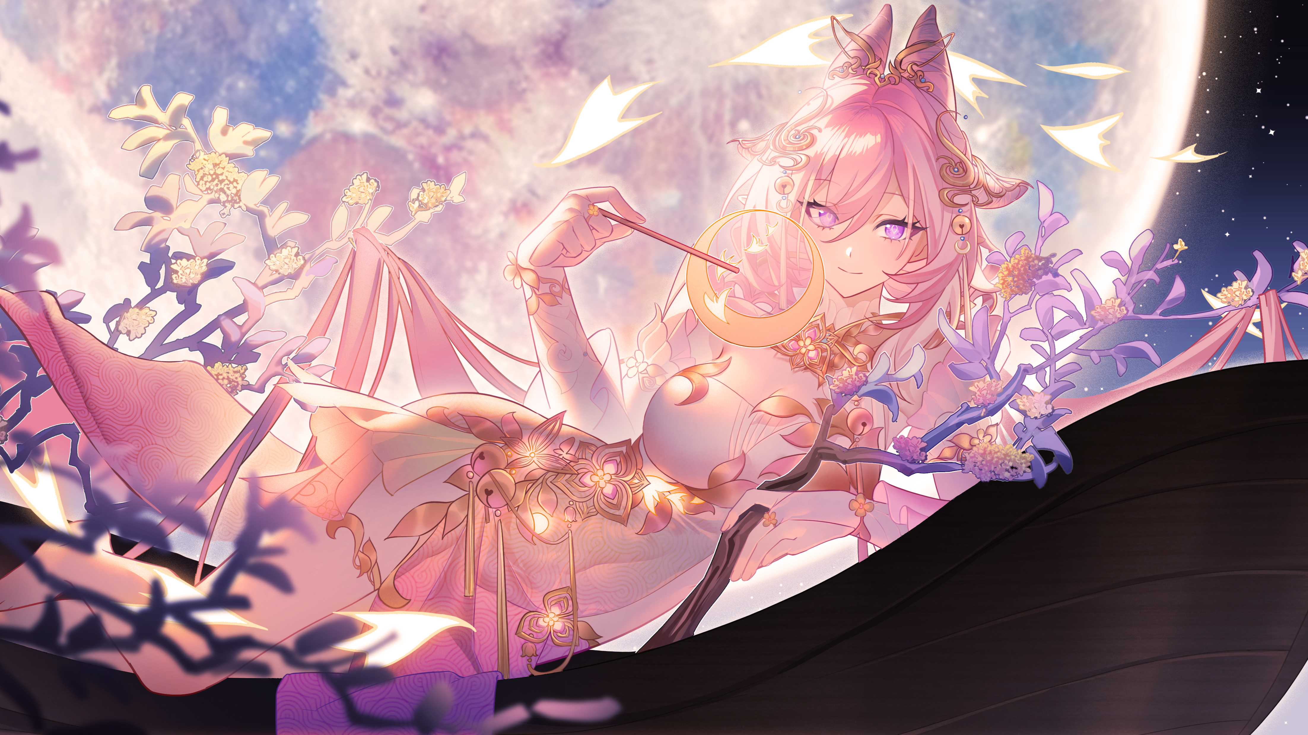 sang sha, elysia (honkai impact), honkai (series), honkai impact 3rd, absurdres, highres, second-party source, 1girl, breasts, bridal gauntlets, cleavage, closed mouth, covered navel, dress, full moon, hair between eyes, hair ornament, holding, large breasts, long hair, looking at viewer, lying, missing commentary, moon, on branch, on side, pink hair, purple eyes, smile, solo, very long hair, white bridal gauntlets, white dress