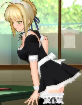 artoria pendragon (fate), saber (fate), fate/stay night, fate (series), schoolmate, lowres, 00s, 1girl, 3d, blonde hair, braid, female focus, frilled thighhighs, frills, green eyes, hair ribbon, lace, maid, official alternate costume, ribbon, solo, thighhighs