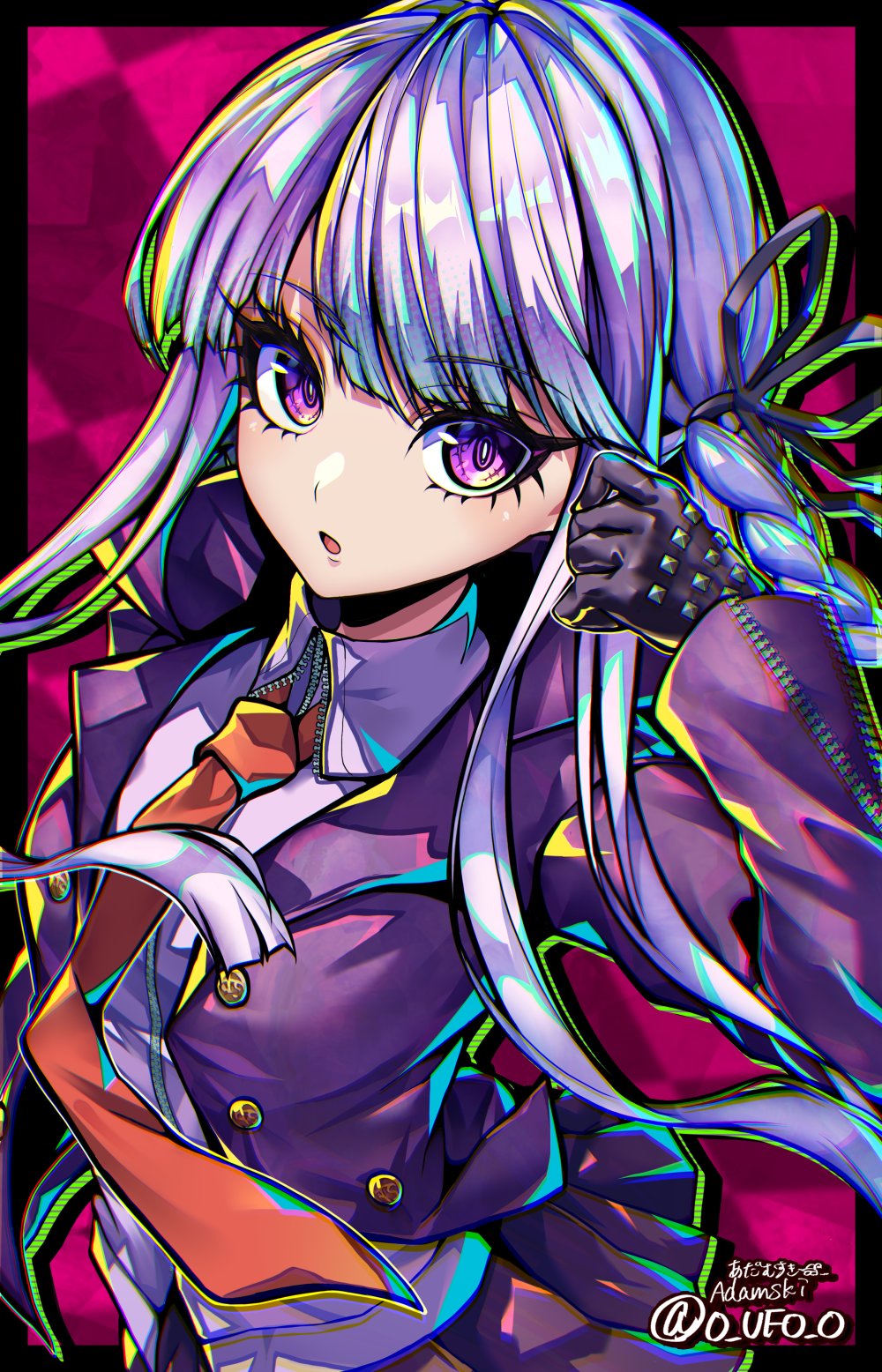 adamusuki, kirigiri kyoko, danganronpa: trigger happy havoc, danganronpa (series), highres, 1girl, black border, border, breasts, grey shirt, jacket, long hair, necktie, purple background, purple eyes, purple hair, purple jacket, red necktie, shirt, simple background, solo, twitter username, upper body