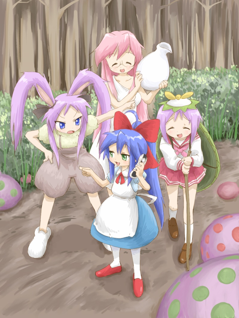 hiiragi kagami, hiiragi tsukasa, izumi konata, takara miyuki, alice's adventures in wonderland, lucky star, 4girls, ahoge, animal ears, cane, cellphone, closed eyes, cosplay, dress, forest, glasses, jug (bottle), kappa, multiple girls, nature, pantyhose, phone, rabbit ears, siblings, sisters, standing, twins, white pantyhose