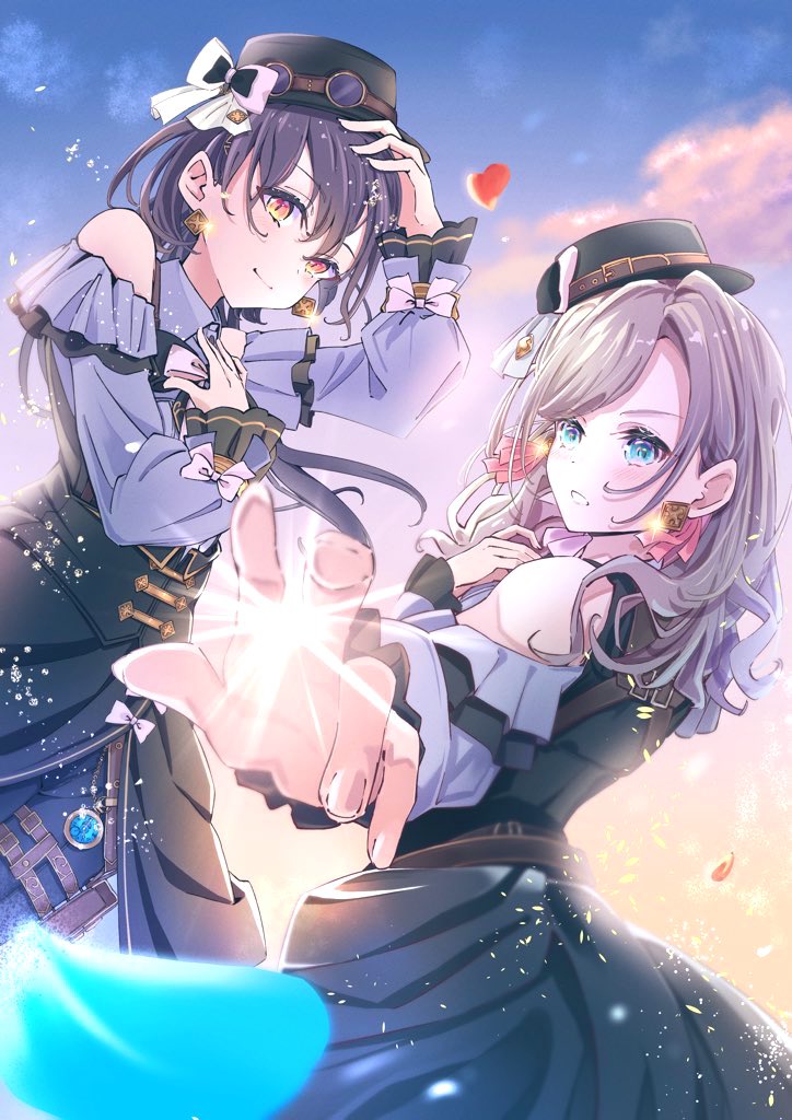 frontrivers kae, ceras yanagida lilienfeld, katsuragi izumi, link! like! love live!, love live!, commentary request, 2girls, bare shoulders, black corset, black hair, black hat, black pants, blue eyes, clenched teeth, closed mouth, clothing cutout, collared shirt, corset, edel note, falling petals, frilled shirt, frilled sleeves, frills, goggles, goggles on headwear, grey hair, grey shirt, hat, hat belt, long hair, long sleeves, looking at viewer, multiple girls, orange eyes, pants, petals, retrofuture (love live!), shirt, shoulder cutout, smile, split mouth, teeth, virtual youtuber